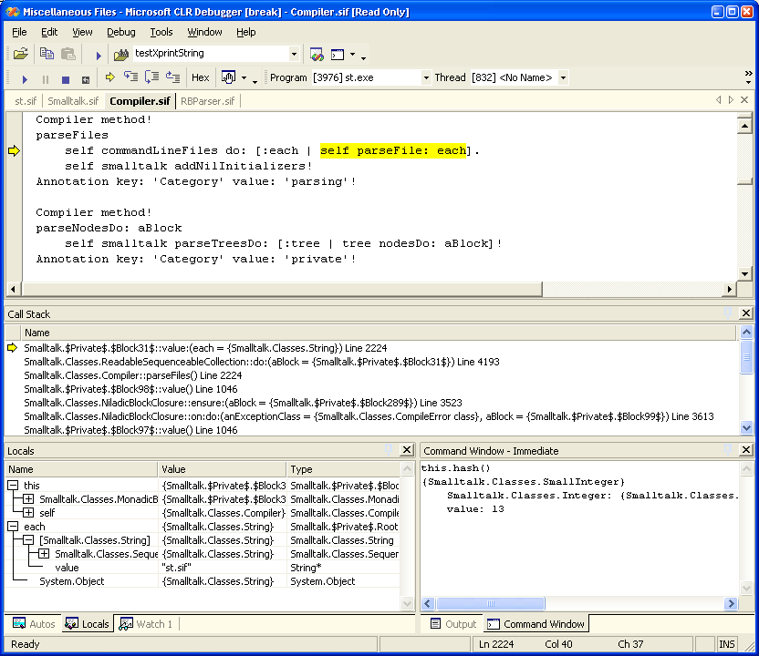 Screenshot of the DbgCLR program debugging the #Smalltalk compiler.